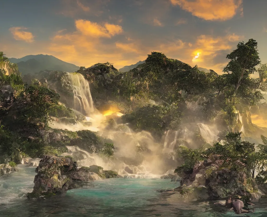 Image similar to a low-poly render of a big purple hand holding the orange setting sun on the ocean horizon. a green tinted transparent beckoning lady in front of a waterfall. a cream colored abandoned building featuring two statues and pitch black periphery. a prehistoric jungle scene with a mountain in the background.