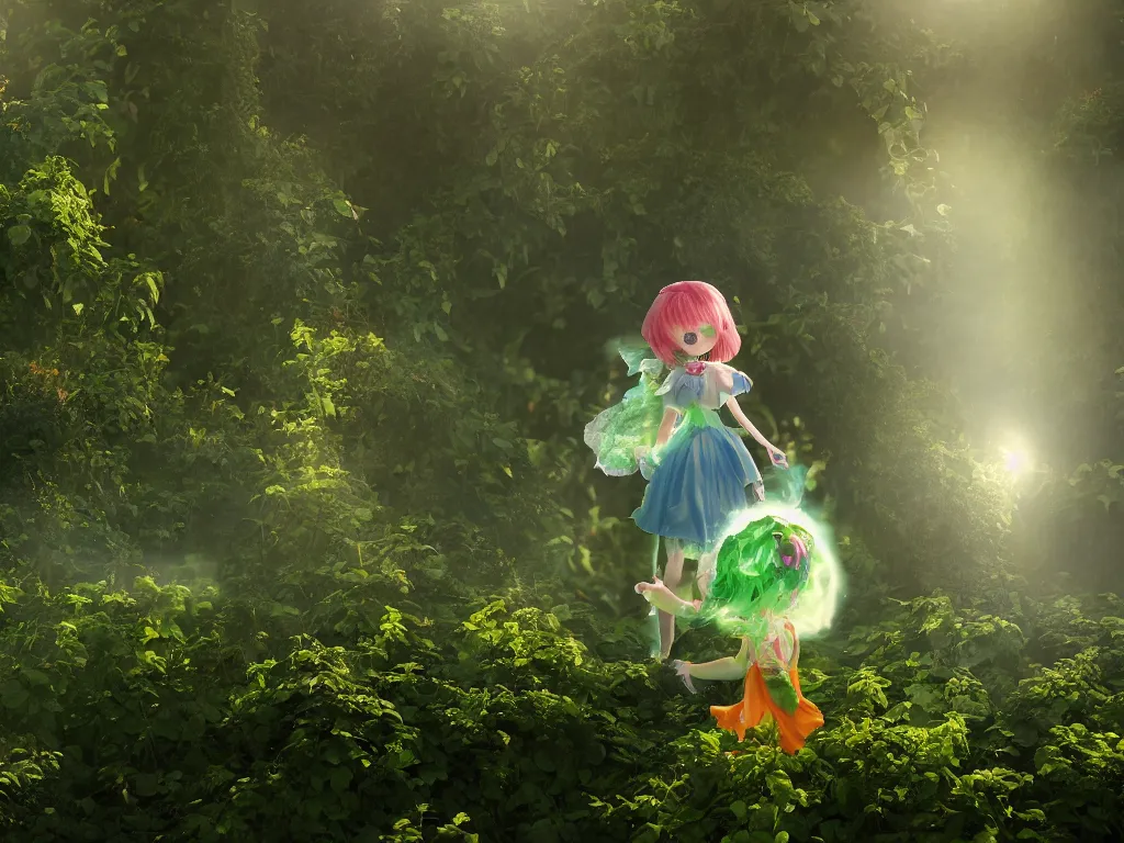 Image similar to cute fumo plush girl among vines in the middle of a lush rose garden, glowing ethereal gothic wraith plantgirl, tattered green dress, smoke and orange volumetric fog, blue sky sunshine lens flare, bokeh, vray