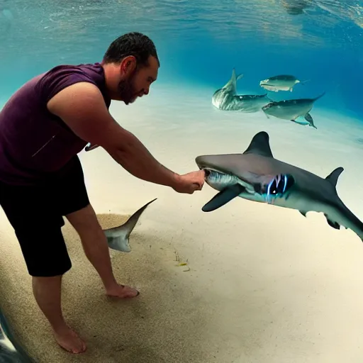 Prompt: a man feeding a shark