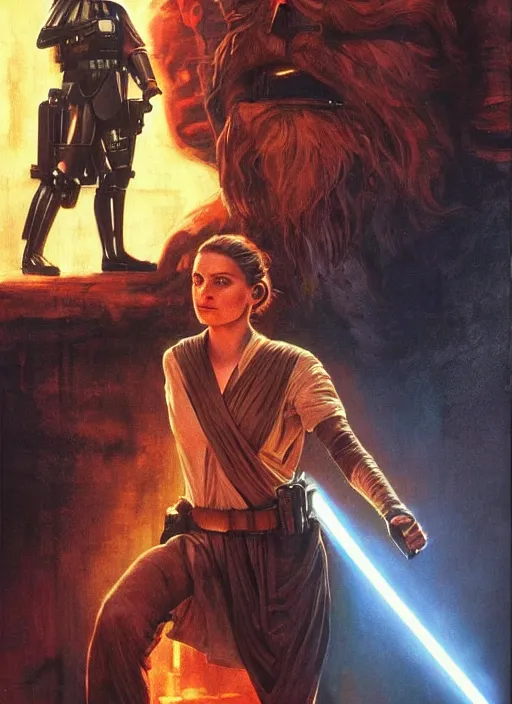 Prompt: epic cinematic poster artwork for featuring portraits for lost star wars film 1 9 9 0 moody painting by drew struzan, beautiful backlit, epic award winning, artstation, extremely detailed, photorealistic, 4 k