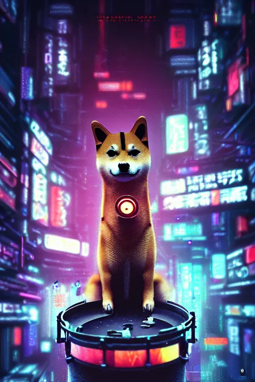 Image similar to high quality 3 d render very cute cyborg shiba inu plays drums, cyberpunk highly detailed, unreal engine cinematic smooth, in the style of blade runner & pixar, hannah yata charlie immer, moody light, low angle, uhd 8 k, sharp focus