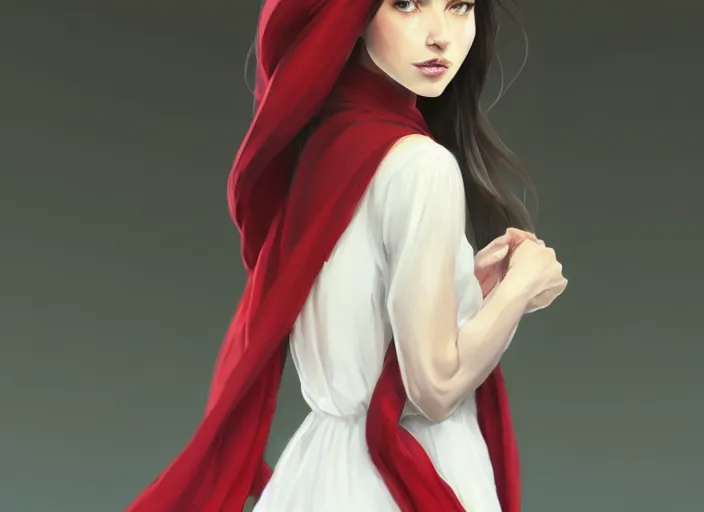 Prompt: beautiful woman in a white dress, full length photo, wearing a flowing red scarf, head bowed slightly, looking mischievously and mysteriously at the camera, long dark hair, knees upturned, very beautiful woman, 4k highly detailed, digital painting, artstation, concept art, matte, sharp focus, illustration, art by Artgerm and Greg Rutkowski and Alphonse Mucha, Art Nouveau, masterpiece, vivid vibrant deep colors