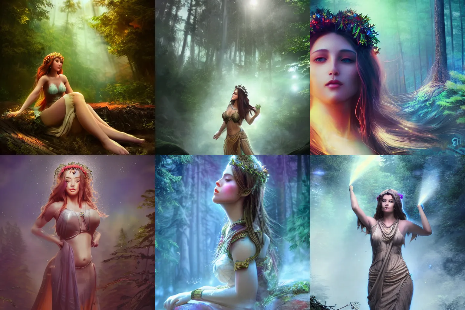 Prompt: a beautiful female goddess of the forests character, character is in all its glory, character is in her natural relaxed pose, rim lights, particles and dust in the air, fancy clouds, highly detailed professional photo, dynamic lights, particles are flying, depth of field, trending on artstation, professional illustration, hyper realistic, vray caustics, super detailed, colorful accents, cinematic shot