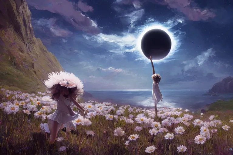 Image similar to giant white daisy flower over head, girl dancing on cliff, surreal photography, solar eclipse, milky way, dramatic light, impressionist painting, clouds, digital painting, artstation, james gilleard, liam wong, jeremy mann, simon stalenhag