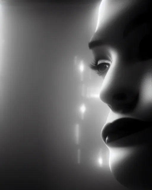 Image similar to black and white high quality photo of a beautiful futuristic female human-cyborg looking into a sci-fi mirror, volumetric lighting, liminal space, brutalism, foggy, dreamy, hyperdetailed, bokeh, photorealistic, cinematic, masterpiece, Metropolis, elegant, dark, octane render, 8K, in the style of Man Ray