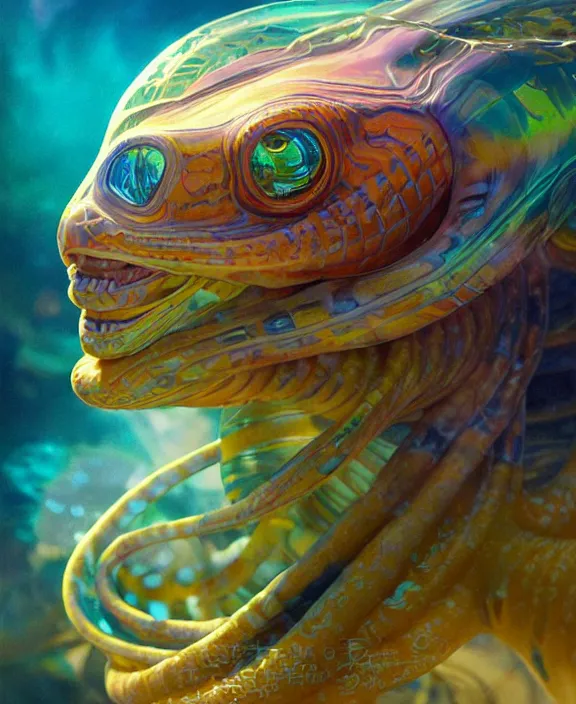 Image similar to colorful transparent portrait of a disturbing beautiful alien snake creature, mottled coloring, adorable, childlike, underwater environment, ultra realistic, concept art, art nouveau, photorealistic, octane render, 8 k, unreal engine. art by christopher marley and artgerm and greg rutkowski and alphonse mucha