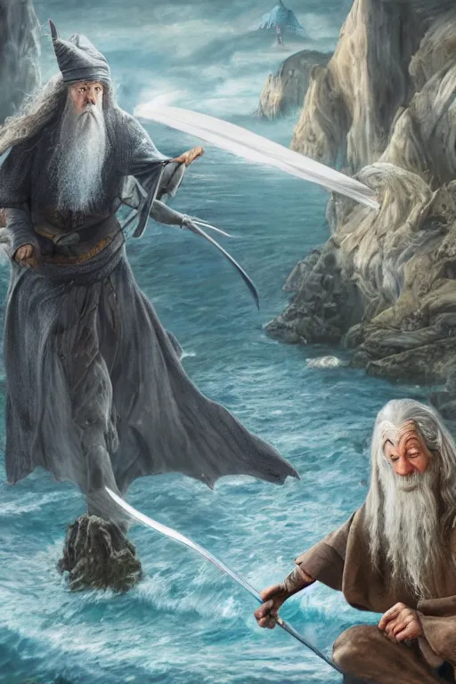 Image similar to gandalf attacks bikini bottom, oil on canvas, intricate, 8 k highly professionally detailed, hdr, cgsociety