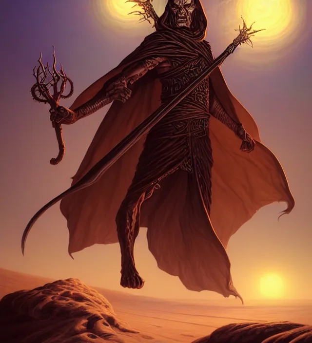 Image similar to a defiler wizard upon the dunes, the art of athas,'dark sun'- campaign setting, brom's dark sun art on a 7 0's style fantasy novel cover, digital painting by brom, amazingly detailed d & d art, concept art, intricate details, beautiful, volumetric lighting, ultrarealistic, cgsociety, artstation