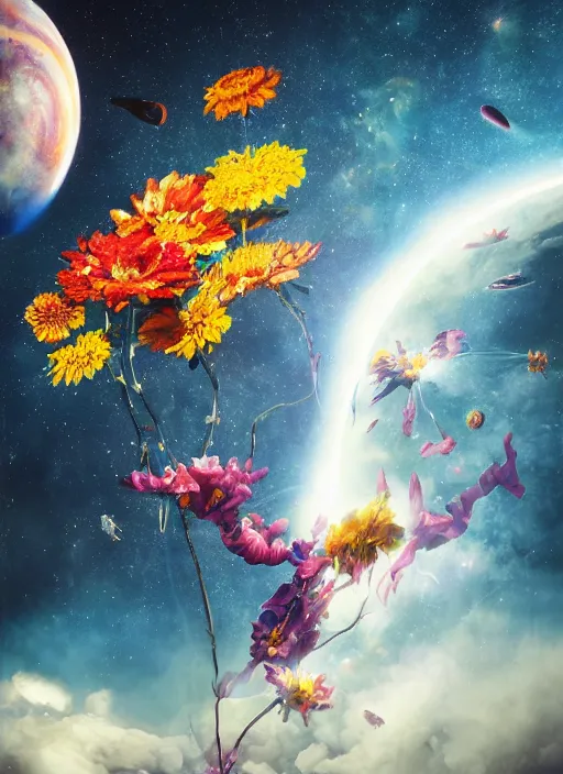 Prompt: An epic fantastic realism comic book style painting of the most beautiful flowers launched into space, nearby stars, dark cosmos, bouquets, fisheye lens, unreal 5, DAZ, hyperrealistic, octane render, dynamic lighting