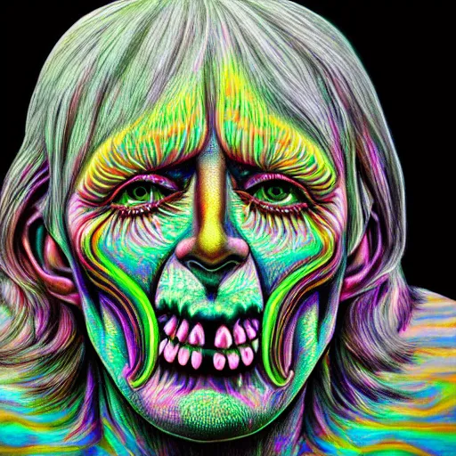 Image similar to hyperrealism realistic lsd detailed 3 d scary pyschedelic trippy nightmare face in the style of alex grey and pablo amaringo and david normal