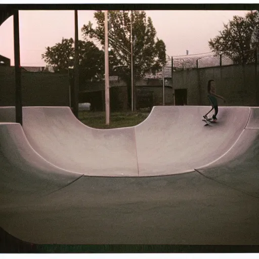 Image similar to a 1 9 9 0's photograph of a skatepark in a small town at dusk, polaroid, candid photography