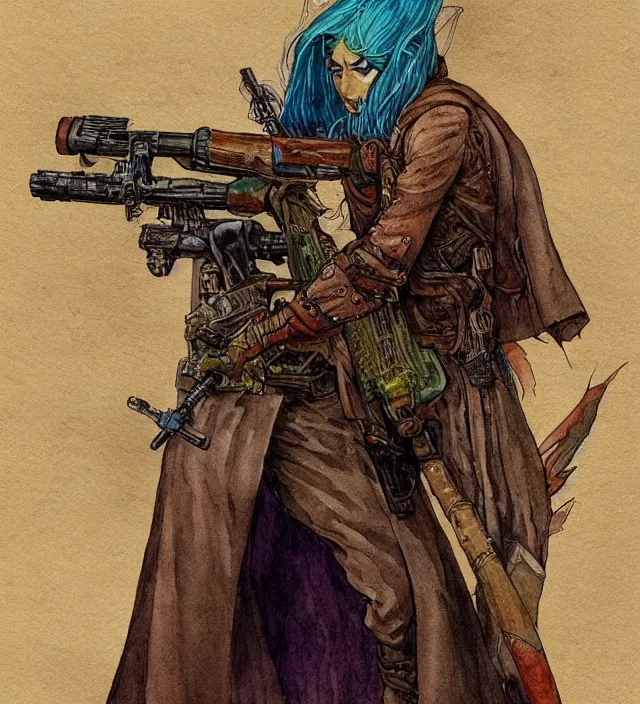 Image similar to a watercolor ink painting of an elven sniper in the style of jean giraud in the style of moebius trending on artstation deviantart pinterest detailed realistic hd 8 k high resolution