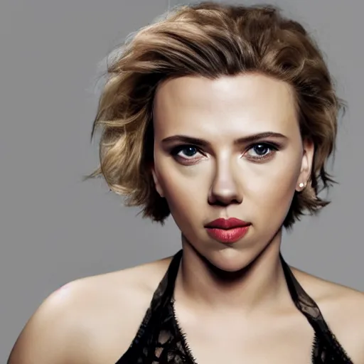 Prompt: beautiful portrait photo of Scarlett Johansson, 85mm, black studio backdrop. She is bending over to pick something important up.