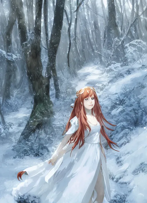 Image similar to an elven girl standing in a snowy forest, flowing white dress, auburn hair. By Makoto Shinkai, Stanley Artgerm Lau, WLOP, Rossdraws, James Jean, Andrei Riabovitchev, Marc Simonetti, krenz cushart, Sakimichan, trending on ArtStation, digital art.