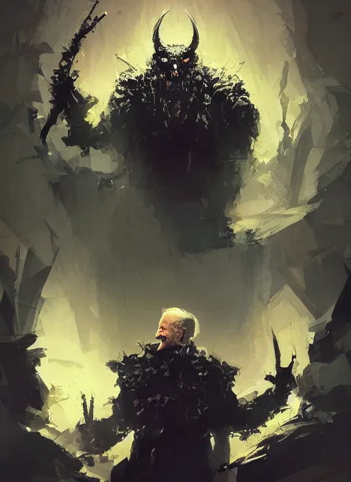 Prompt: dark Joe Biden grinning emperor of the world with big american devil horns, high contrast, cosmic horror, abstract, masterpiece, trending on ArtStation, by Greg Rutkovski and by Craig Mullins and by David Cronenberg and by Ismail Inceoglu
