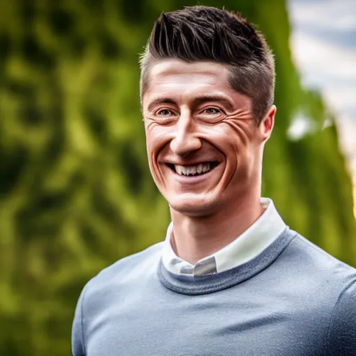 Prompt: Robert Lewandowski smiling while posing for a photo, award winning photography, HDR, studio lighting, dynamic pose, medium close shot, shot on Canon EOS R5, f/2.5,