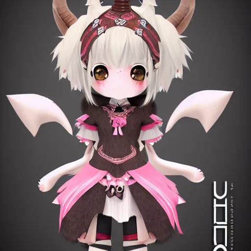 Image similar to cute fumo plush of a goat girl with horns, anime girl, tribal outfit with intricate celtic knot patterns, gothic maiden, artstation, vray