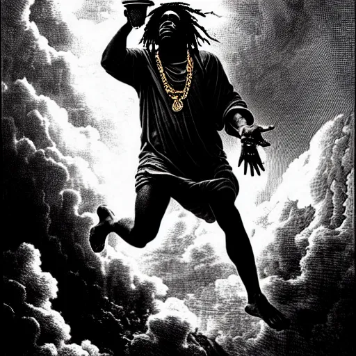 Image similar to chief keef ascending into heaven holding cup of lean and blunt, biblical image, style of gustave dore, highly detailed, beautiful, high contrast, black and white