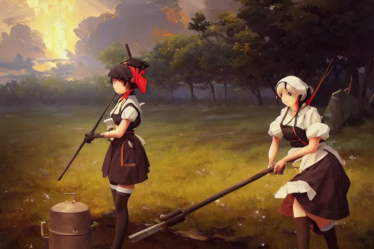 Prompt: baroque oil painting of anime key visual concept art of anime maid operating mortar 1 9 4 0 trenches colorized, trending on artstation, palette knife and brush strokes, oil on canvas, makoto shinkai greg rutkowski studio ghibli