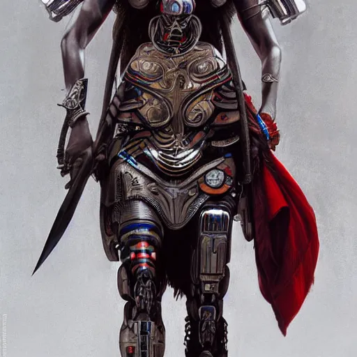 Image similar to a cyborg version of a maasai warrior carrying a futuristic spear and shield ultra realistic, concept art, intricate details, eerie, horror, highly detailed, photorealistic, octane render, 8 k, unreal engine. art by artgerm and greg rutkowski and alphonse mucha