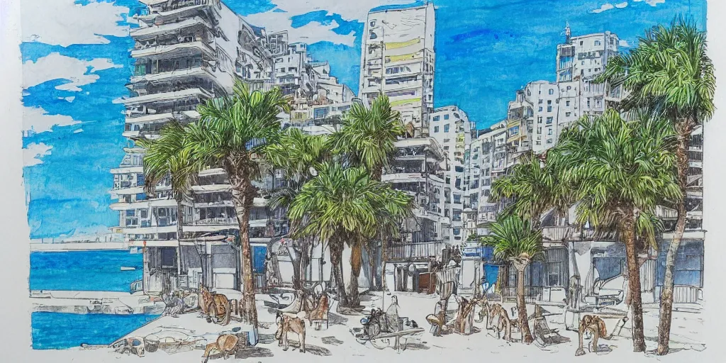 Prompt: tel aviv shoreline. dogs. bauhaus style. buildings with balconies. highly detailed. pen drawing painted with watercolors. colorful. low buildings. palm trees. blue skies