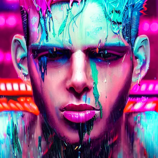 Image similar to splashes of neon, mowhawk, punk portrait made out of paint with rain in the background, trending on artstation, epic composition, emotional, beautiful, rendered in octane, highly detailed, realistic, tim burton comic book art, sharp focus, matte painting, unreal engine