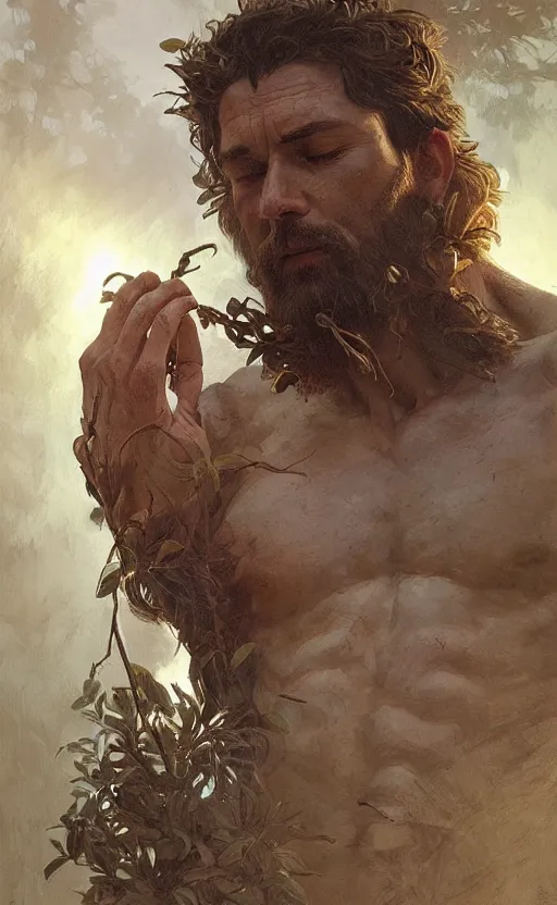 Image similar to god of the forest, 3 0 years old, rugged, handsome, male, detailed face, clean lines, atmospheric lighting, amazing, full body, flowers, muscular, intricate, highly detailed, digital painting, artstation, concept art, sharp focus, illustration, art by greg rutkowski and alphonse mucha