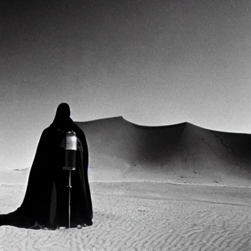 Prompt: a man wearing a long cloak and gasmask, in the desert, film still, arriflex, by Arik Roper