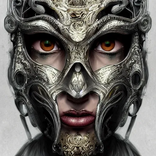 Prompt: Very very very very highly detailed epic photo of face with venetian mask, intricate, dystopian, sci-fi, extremely detailed, digital painting, artstation, concept art, smooth, sharp focus, illustration, intimidating lighting, incredible art by Anton Pieck