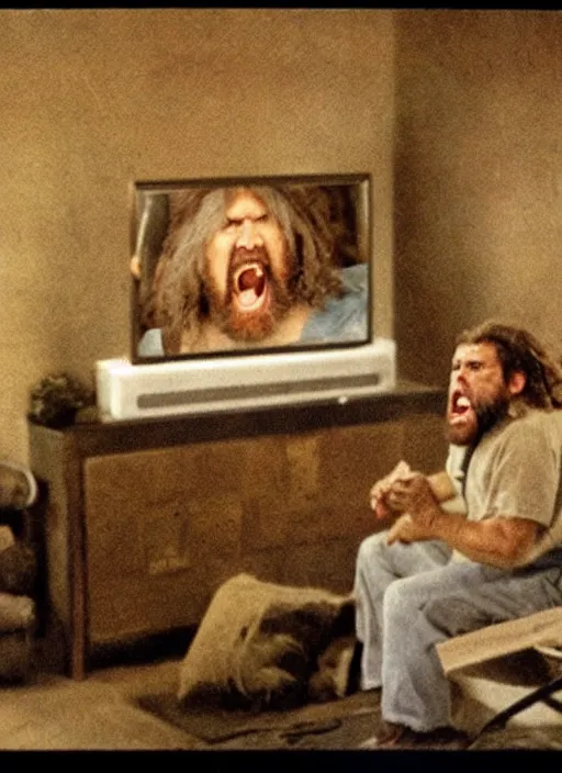 Prompt: old photo of a caveman watching a Geico commercial, yelling at the TV
