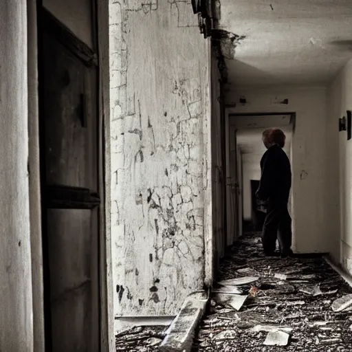 Image similar to an smiling old man peeking down an abandoned hallway