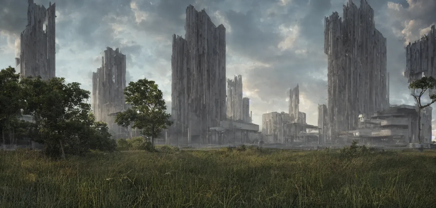 Prompt: a cathedral of brutalist architecture, surrounded by lush green vegetation, stunning volumetric lighting, sunset, metal, concrete, translucent material, stunning skies, scattered rubbish and debris, 8k, photorealistic, hyper detailed, unreal engine 5, IMAX quality, cinematic, epic lighting, digital painting in the style of DOOM and Quake, by Greg Rutkowski, trending on Artstation