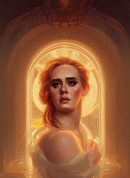 Image similar to portrait of adele, intricate, elegant, glowing lights, highly detailed, digital painting, artstation, glamor pose, concept art, smooth, sharp focus, illustration, art by wlop, alphonse mucha and greg rutkowski