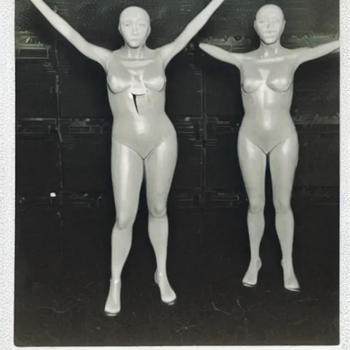 Prompt: three humanoid replicants who look like the statue of liberty, stand uncomfortably close to the camera, polaroid, flash photography, photo taken in a completely dark storage room where you can see some empty boxes in the background, very thick thighs