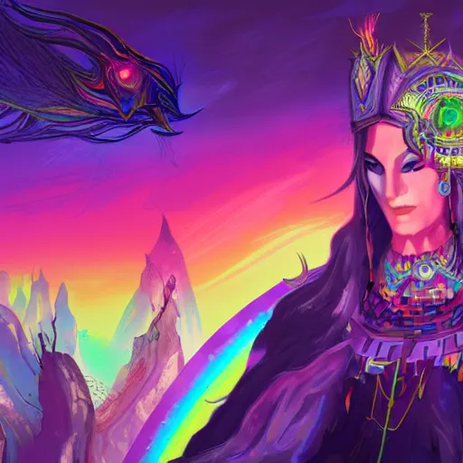 Image similar to concept art for a video game called mystic unity, illustrative visionary characters, dark psychedelic magicians, elongated arms and rainbow cuber augmentations, barbarian buddhas in epic schematic landscap