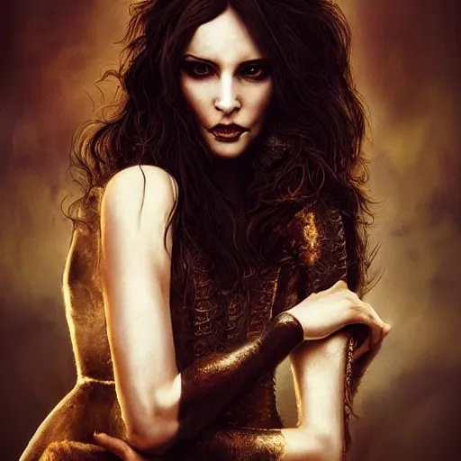 Image similar to majestic gracious regal aristocratic brunette female vampire portrait, indoors setting, atmospheric lighting!!, painted, menacing, intricate, beautiful, rich deep colours masterpiece!!, ( golden hour ), sharp focus!, ultra detailed, by leesha hannigan, ross tran, thierry doizon, kai carpenter, ignacio fernandez rios