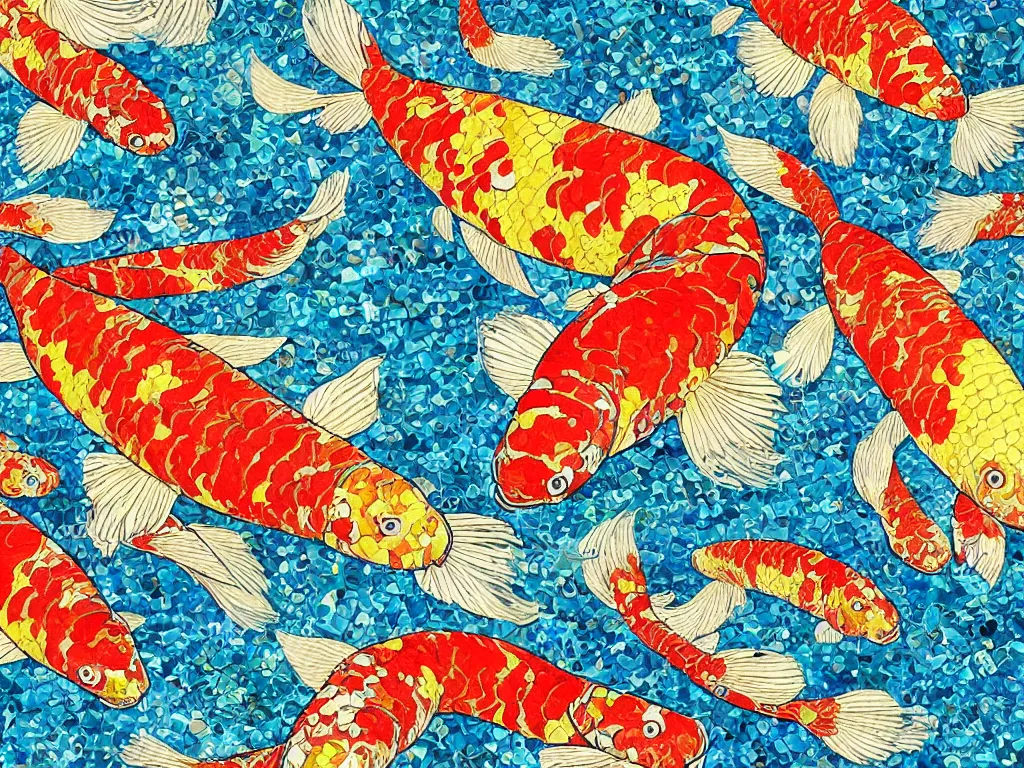 Image similar to breathtaking detailed concept art painting kaleidoscope of koi carp collage illustration pattern, 1 5 0 mm, tiny, small, miniature, short, cute and adorable, digital painting, highly detailed, intricate, elegant, artstation, concept art, colorful, beautiful, studio ghibli, aoshima chiho, takashi murakami, manga, cute and adorable