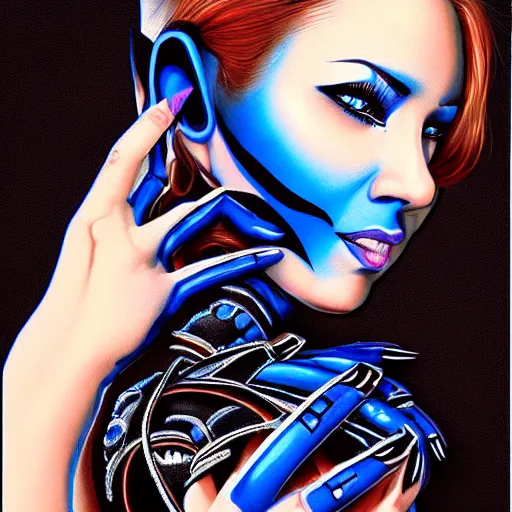 Image similar to woman holding bionic blue black scorpion, 1 9 8 0's art, retro art, airbrush style, intricate, elegant, sharp focus, illustration, highly detailed, concept art, matte, sharp focus, illustration, highly detailed, h 8 0 0 c 1 0. 0