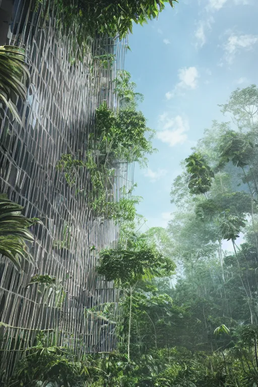 Prompt: architecture inspired by renzo piano deep in the rainforest. nature is taking over. metabolism. matte painting. octane render. hdr. volumetric lighting. global illumination. atmospheric.