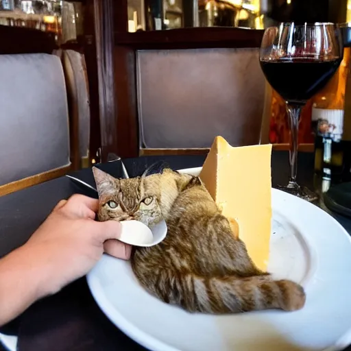 Prompt: Brown tabby cat eating cheese and wine in a Parisian cafe