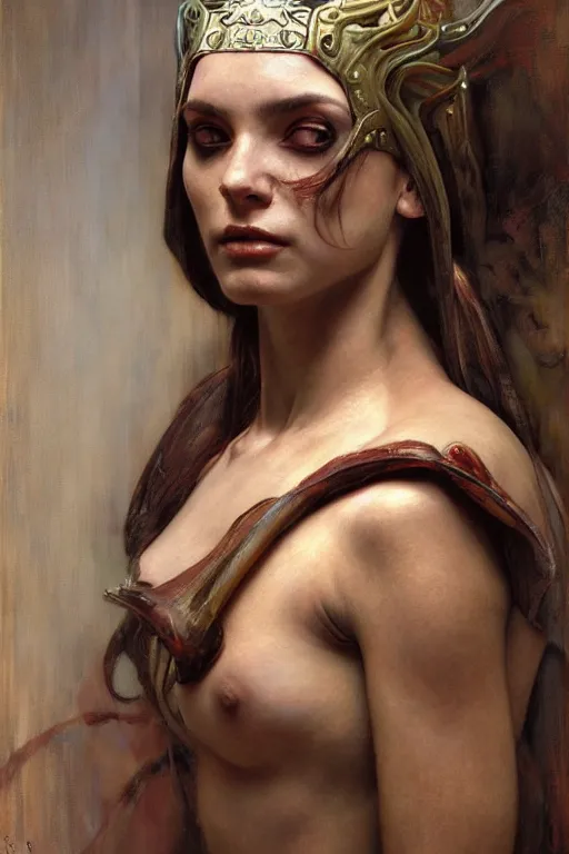 Prompt: hyper realistic painting portrait of astarte by stjepan sejic, norman rockwell, roberto ferri and ruan jia, john william waterhouse, godward, david kassan, beksinski, hr giger