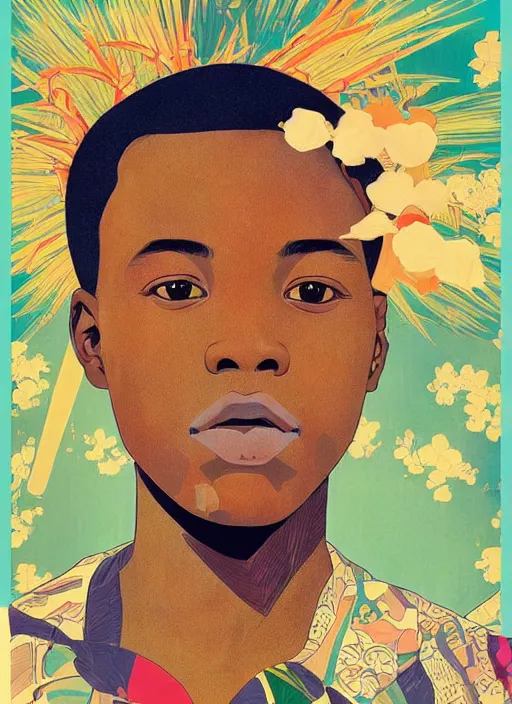 Image similar to colourful upper half portrait of an african boy - in japanese retro poster illustration style, magazine collage art by hsiao - ron cheng & alphonse mucha, magazine collage, highly detailed, digital painting, illustration, smooth, sharp focus, intricate, clustered, busy, pinterest, behance,