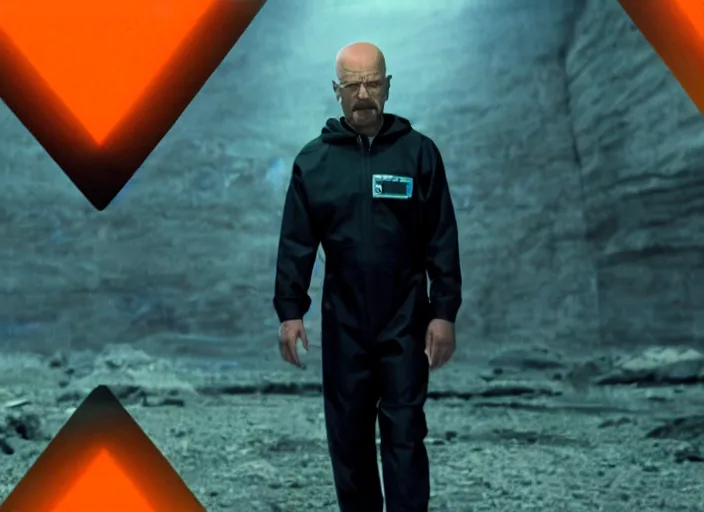 Prompt: film still of Walter White as Gordan Freeman wearing a black HEV suit with an orange lambda logo in front with a glowing blue portal in the background in the Half Life Movie, 4k