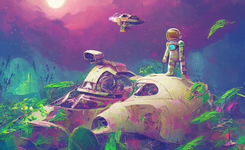 Image similar to a beautiful 8 bit painting of a cute adorable kawaii futuristic vr plastic android astronaut sitting on a lush planet of foliage, the destroyed wreckage of a crashed spaceship, steam, thick colorful smoke, ross tran, ron walotsky, greg rutkowski, trending on artstation