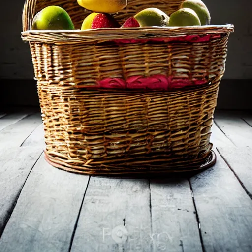 Image similar to warehouse cat guarding a basket of fruit, photograph, dramatic lighting, 4k