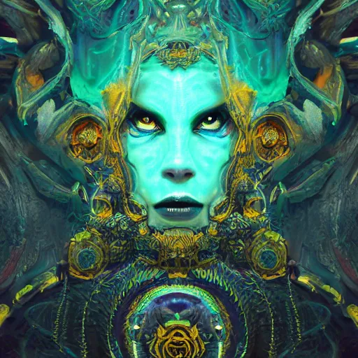 Prompt: menacing symmetrical face portrait cloaked grimm reaper neon axonometric mechanical fantasy intricate elegant highly detailed in volumetric void of latent space lush flowers intricate jewellery, realm of the gods golden turquoise steampunk, axonometric high contrast cinematic light, mystical shadows, digital painting, sharp focus, octane render, photographic, concept art, artist leonardo davinci, unreal engine 8 k