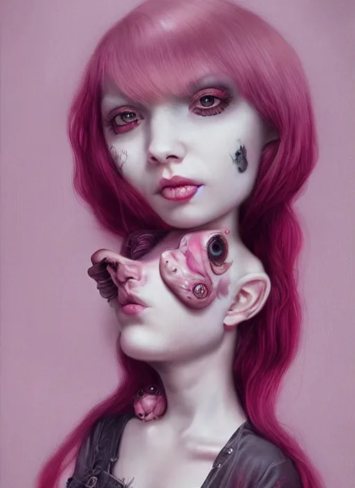 Image similar to pop surrealism, lowbrow art, realistic cute girl painting, pink body harness, shibari, hyper realism, muted colours, rococo, natalie shau, loreta lux, tom bagshaw, trevor brown style,