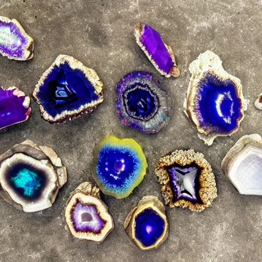 Prompt: open geodes with crystals that reflects a multiverse,