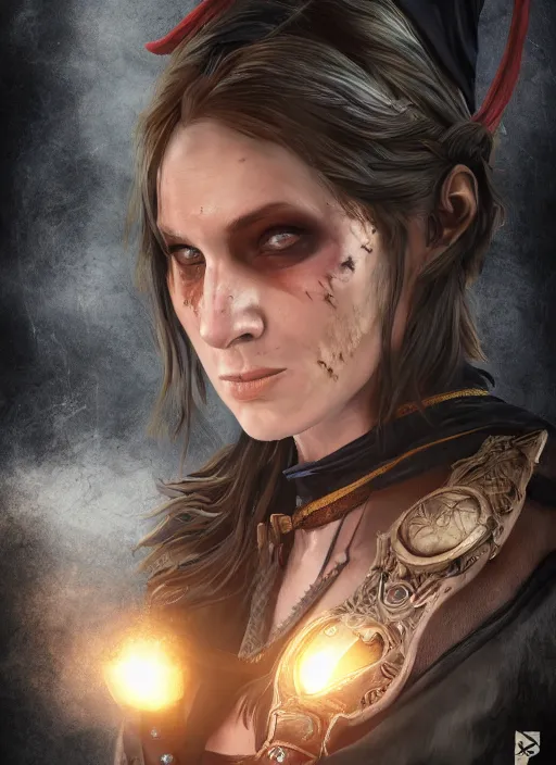 Prompt: A fantasy comic book style portrait painting of a 30 year old female as a pirate wizard with an eye patch in a atmospheric dark fortress, unreal 5, DAZ, hyperrealistic, octane render, RPG portrait, ambient light, dynamic lighting, tribal tattoo, eye patch, red head, witch, sorcerer, D&D