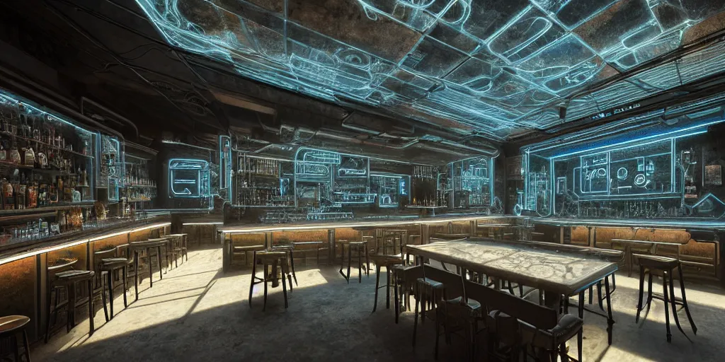 Prompt: Highly detailed realistic photo interior design in style of blend contemporary aesthetics by JAMIE BUSH and Josan Gonzalez of detailed cyberpunk tavern with stone walls, transparent Ceiling and neon lights, a lot of electronics and people, many details by Hiromasa Ogura. a lot of Natural Volumetric white sunlight from the transparent roof. Rendered in VRAY